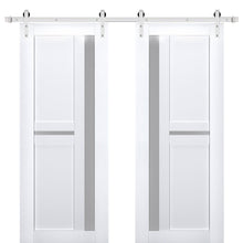 Load image into Gallery viewer, Veregio 7288 Matte White Double Barn Door with Frosted Glass and Silver Finish Rail
