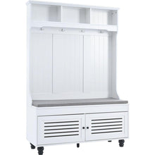 Carregar imagem no visualizador da galeria, 5-in-1 Entryway Bench with Shutter-shaped doors, Coat Rack, Cushion and 4 Sturdy Hooks, 47.2" Wide Hall Tree with Storage Bench for Hallway, Entryway, Living Room