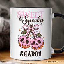 Carregar imagem no visualizador da galeria, Sweet and Spooky Poison Cherries Halloween Personalized Mug, Coquette Skulls Gift with Custom Name
