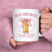 Load image into Gallery viewer, Beer Drinkers Social Club Personalized Mug, Coquette Pink Bow Gift with Custom Name for Girly Summer Bachelorette Vibes