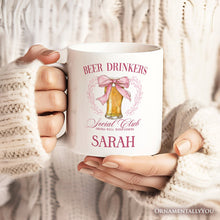 Load image into Gallery viewer, Beer Drinkers Social Club Personalized Mug, Coquette Pink Bow Gift with Custom Name for Girly Summer Bachelorette Vibes