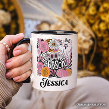 Load image into Gallery viewer, Boho Spooky Season Ghost Personalized Mug, Cute Halloween Gift with Custom Name with Fall Pumpkins