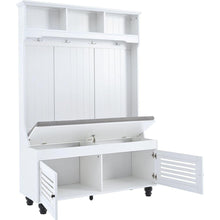 Carregar imagem no visualizador da galeria, 5-in-1 Entryway Bench with Shutter-shaped doors, Coat Rack, Cushion and 4 Sturdy Hooks, 47.2" Wide Hall Tree with Storage Bench for Hallway, Entryway, Living Room