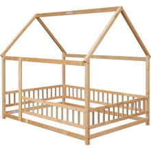 Carregar imagem no visualizador da galeria, Full Size Floor Wooden Bed with House Roof Frame, Fence Guardrails, Natural