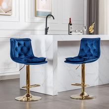 Carregar imagem no visualizador da galeria, Set of 2 Bar Stools, with Chrome Footrest and Base Swivel Height Adjustable Mechanical Lifting Velvet + Golden Leg Simple Bar Stoo, blue