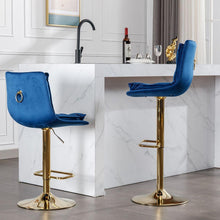 Carregar imagem no visualizador da galeria, Set of 2 Bar Stools, with Chrome Footrest and Base Swivel Height Adjustable Mechanical Lifting Velvet + Golden Leg Simple Bar Stoo, blue