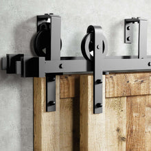 Load image into Gallery viewer, Double Track U-Shape Bypass Sliding Barn Door Hardware Kit - Spoke Wheel Design Roller