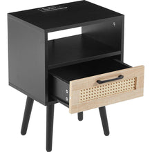 Carregar imagem no visualizador da galeria, 15.75" Rattan End table with Power Outlet & USB Ports, Modern nightstand with drawer and solid wood legs, side table for living roon, bedroom, black