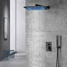 Cargar imagen en el visor de la galería, Matte Black Wall Mounted Rainfall Shower Faucet Dual Function with Pressure Balance Rough-In Valve