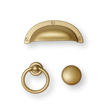 Carregar imagem no visualizador da galeria, Capri Brushed Gold Cup Drawer Pull, Ring Pull or Round Cabinet Knob