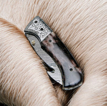 Load image into Gallery viewer, Custom Handmade Damascus Pocket Knife – Colored Bone Handle