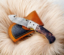 Load image into Gallery viewer, Custom Handmade Damascus Pocket Knife – Colored Bone Handle