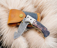 Load image into Gallery viewer, Custom Handmade Damascus Pocket Knife – Colored Bone Handle