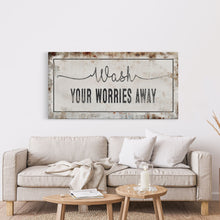 Load image into Gallery viewer, bathroom sign, wash your worries away sign, bath sign, sign for bathroom, bathroom wall decor, bathroom wall art, bath decor, canvas print