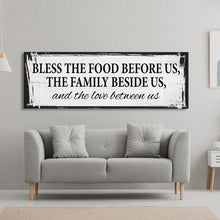 Load image into Gallery viewer, Bless the food before us canvas sign, dining room sign, kitchen sign, mothers day gift, kitchen wall art, dining room wall art