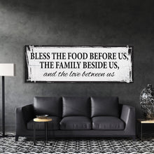 Load image into Gallery viewer, Bless the food before us canvas sign, dining room sign, kitchen sign, mothers day gift, kitchen wall art, dining room wall art