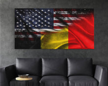 Load image into Gallery viewer, American and Belgium Flag Mashup, Belgium Flag, Framed Canvas Print, Framed American Flag Art, Patriotic Immigrant Art