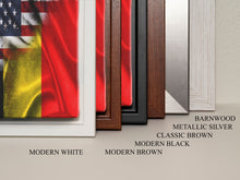 Load image into Gallery viewer, American and Belgium Flag Mashup, Belgium Flag, Framed Canvas Print, Framed American Flag Art, Patriotic Immigrant Art