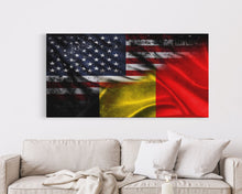Load image into Gallery viewer, American and Belgium Flag Mashup, Belgium Flag, Framed Canvas Print, Framed American Flag Art, Patriotic Immigrant Art