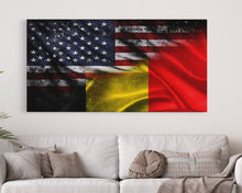 Load image into Gallery viewer, American and Belgium Flag Mashup, Belgium Flag, Framed Canvas Print, Framed American Flag Art, Patriotic Immigrant Art
