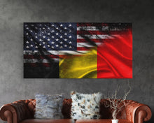 Load image into Gallery viewer, American and Belgium Flag Mashup, Belgium Flag, Framed Canvas Print, Framed American Flag Art, Patriotic Immigrant Art