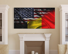 Load image into Gallery viewer, American and Belgium Flag Mashup, Belgium Flag, Framed Canvas Print, Framed American Flag Art, Patriotic Immigrant Art