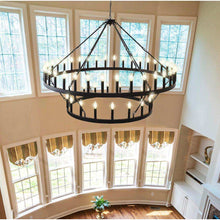 Carregar imagem no visualizador da galeria, Yikrfiae Black Wagon Wheel Chandelier 2 Tier 54-Lights 60 Inch Extra Large Farmhouse Pendant Light Fixture, Round Rustic Hanging Lighting for Dining Room Kitchen Island Foyer Entryway