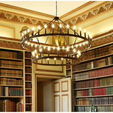 Carregar imagem no visualizador da galeria, Yikrfiae Black Wagon Wheel Chandelier 2 Tier 54-Lights 60 Inch Extra Large Farmhouse Pendant Light Fixture, Round Rustic Hanging Lighting for Dining Room Kitchen Island Foyer Entryway