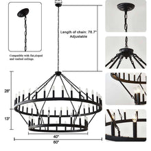 Carregar imagem no visualizador da galeria, Yikrfiae Black Wagon Wheel Chandelier 2 Tier 54-Lights 60 Inch Extra Large Farmhouse Pendant Light Fixture, Round Rustic Hanging Lighting for Dining Room Kitchen Island Foyer Entryway