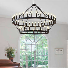 Carregar imagem no visualizador da galeria, Yikrfiae Black Wagon Wheel Chandelier 2 Tier 54-Lights 60 Inch Extra Large Farmhouse Pendant Light Fixture, Round Rustic Hanging Lighting for Dining Room Kitchen Island Foyer Entryway