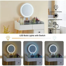 Carregar imagem no visualizador da galeria, LED Light on Mirror Dressing Table with 5 Drawers & Glass Top