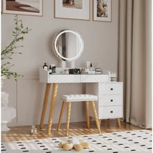 Carregar imagem no visualizador da galeria, LED Light on Mirror Dressing Table with 5 Drawers & Glass Top