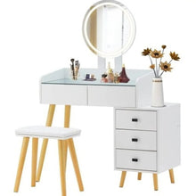 Carregar imagem no visualizador da galeria, LED Light on Mirror Dressing Table with 5 Drawers & Glass Top