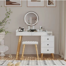 Carregar imagem no visualizador da galeria, LED Light on Mirror Dressing Table with 5 Drawers & Glass Top