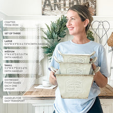Carregar imagem no visualizador da galeria, Vintage Inspired Heirloom Garden Supply Metal Planters, Set of Three