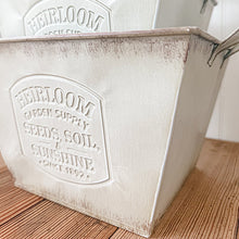 Carregar imagem no visualizador da galeria, Vintage Inspired Heirloom Garden Supply Metal Planters, Set of Three