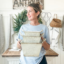 Carregar imagem no visualizador da galeria, Vintage Inspired Heirloom Garden Supply Metal Planters, Set of Three