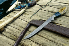 Load image into Gallery viewer, Custom Handmade Damascus Fillet Knife – 12.5” with Leather Sheath