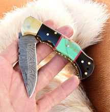 Load image into Gallery viewer, Custom Handmade Damascus Steel Pocket Knife with Brass Bolster