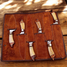 Carregar imagem no visualizador da galeria, Custom Handmade Damascus Kitchen Knives Set – Leather Roll
