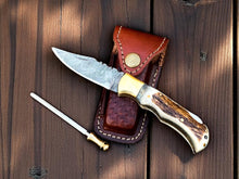 Load image into Gallery viewer, cowboy Pocket Knife | Antler Horn Handle with damascus blade