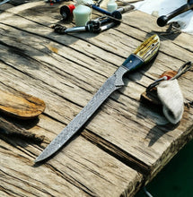 Load image into Gallery viewer, Custom Handmade Damascus Fillet Knife – 12.5” with Leather Sheath