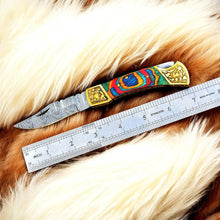 Carregar imagem no visualizador da galeria, Custom Handmade Damascus Pocket Knife with Multi-Color Wood Handle