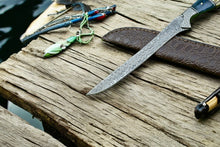 Load image into Gallery viewer, Custom Handmade Damascus Fillet Knife – 12.5” with Leather Sheath