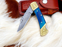 Carregar imagem no visualizador da galeria, Exotic Blue Wood Damascus Pocket Knife | Back Lock