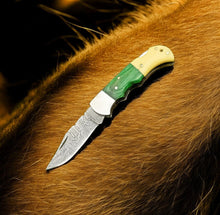 Carregar imagem no visualizador da galeria, Custom Handmade Damascus Pocket Knife – Bone & Wood Handle