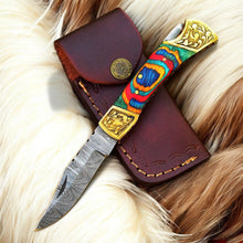 Carregar imagem no visualizador da galeria, Custom Handmade Damascus Pocket Knife with Multi-Color Wood Handle