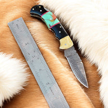 Load image into Gallery viewer, Custom Handmade Damascus Steel Pocket Knife with Brass Bolster