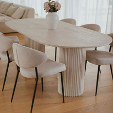Cargar imagen en el visor de la galería, Troia Light Travertine Oval Dining Table with Fluted Round Legs