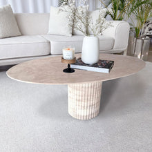 Carregar imagem no visualizador da galeria, Tuscany Beige Travertine Vein-cut Oval Shape Coffee Table Fluted Leg (W)24" (L)50" (H)23"